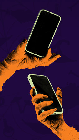 Two zombie-like hands holding mobile phones against dark purple background. Social Media promotion post. Creative collage.の写真素材