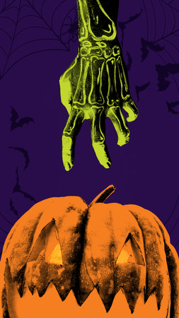 Skull li8ke hand reaching toward carved pumpkin against dark purple background. Jack-o-lantern. Creative collage.の写真素材
