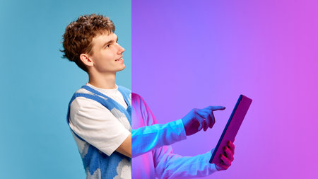 Young man, student interacting with tablet. Tech, learning, education, online communication.