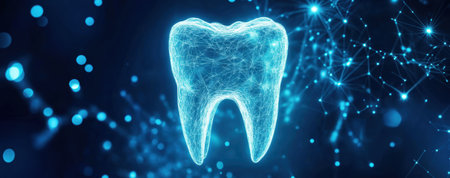 Glowing tooth in digital network representing future of dental care, with modern technology ensuring brighter and healthier smiles through innovative techniques.の写真素材
