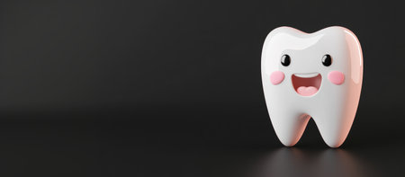 Happy tooth on dark background, with big smile and rosy cheeks, reminds that dental care is crucial for bright, confident smile at any age.の写真素材