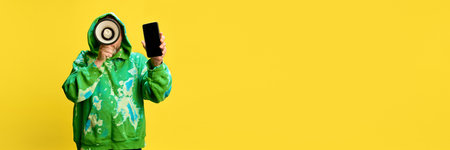 Man in green hoodie holding megaphone and showing mobile phone screen against yellow studio background. Limited-time offer promotionの写真素材