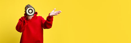 Man in casual red hoodies talking on megaphone, announcing seasonal sales promotion against yellow studio backgroundの写真素材