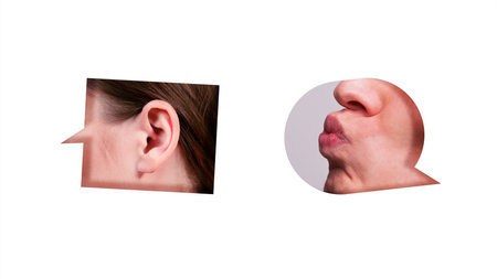 Collage. Woman ear next to mouth puckering up in blowing a kiss placed in speech bubbles, against white backgroundの写真素材