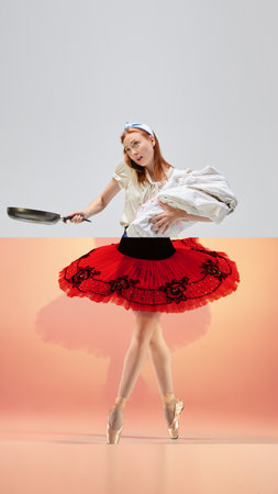 Ballerina with frying pan. Creative collage. Ballerina in red tutu from waist down, while upper body holding laundry and frying pan.の写真素材