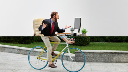 Businessman cyclist. Creative collage. Businessman at desk merges with cyclist on yellow bike below.