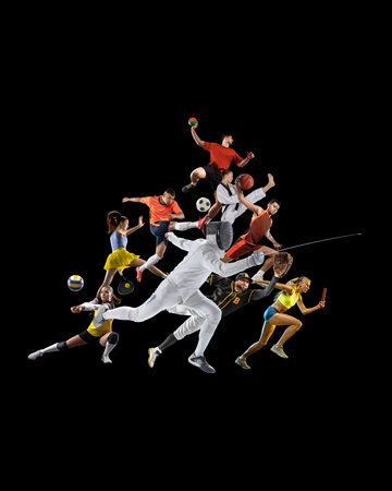 Creative dynamic collage with men and women in motion, practicing different kind of sports isolate don black background.の写真素材