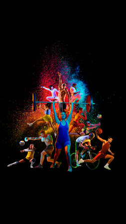 Creative collage. Vertical image with various athletes in motion, practicing, performing different sports on black background with colorful splashesの写真素材
