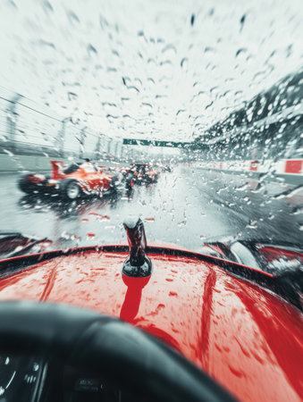 View from inside the cockpit of Formula 1 racing car during rainy race with multiple race cars visible in the distance.の素材
