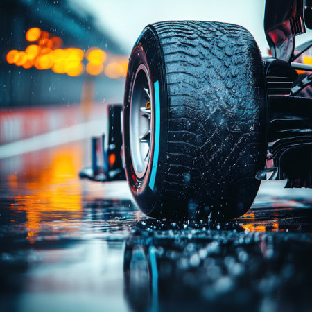 Close-up of a Formula 1 car tire, with raindrops splashing around it on a wet track.の素材