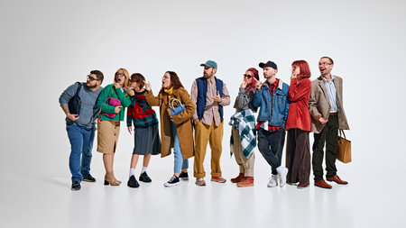 Group of people, men and women wearing stylish autumn outfits, waiting for seasonal sales., whispering about best deals in storesの写真素材