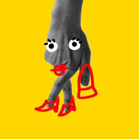 Hand walking in red shoes with red purse. Drawn eyes and lips add flirty, confident look on bright yellow background. Contemporary art collage.の写真素材