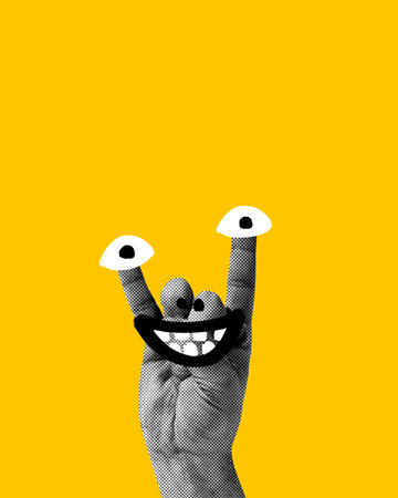 Hand with eyes on fingers and big wide smile. Doodles. Joyful and playful mood against vibrant yellow background. Contemporary art collage.の写真素材