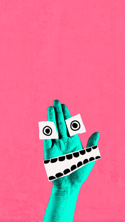 Teal hand with cartoonish eyes and wide, toothy mouth on pink background. Playful and amusing facial expression. Contemporary art collage.の写真素材