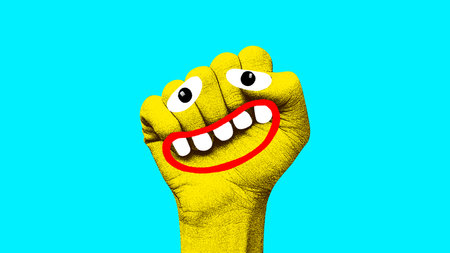 Yellow fist with wide eyes and comical, red-lipped grin on turquoise background. Contemporary art collage.の写真素材