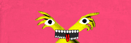Two yellow hands forming creepy and funny face with wide eyes and mouth sticking out its tongue on...