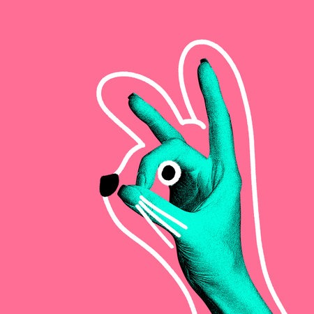 Teal hand forming bunny face with drawn white outline on pink background. Playful and cute Contemporary art collage.の写真素材