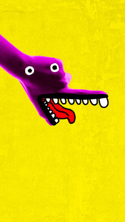 Purple hand with bulging eyes and long, toothy grin sticks its tongue out on bright yellow background. Funny character. Contemporary art collage.の写真素材