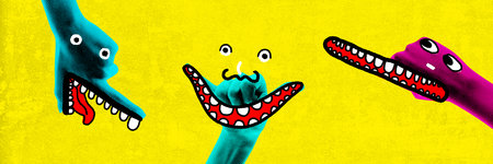 Three colorful hand characters with big teeth and silly eyes, creating humorous interaction on bright yellow background. Contemporary art collage.の写真素材