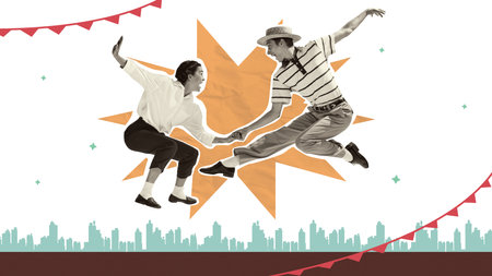 Dynamic young man and woman energetically dancing on abstract background with city skyline....
