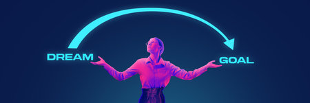 Woman standing under an arc labeled Dream to Goal. Transforming dreams into achievable goals in...