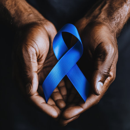 Hands holding a blue ribbon, symbol of diabetes awareness and support.の素材