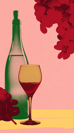 Green wine bottle and red wine glass surrounded by red grapes on soft pink background. Contemporary art collage.の写真素材