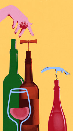 Hand uncork wine bottle with corkscrew, next to various bottles and wine glass. Contemporary art collage.の写真素材