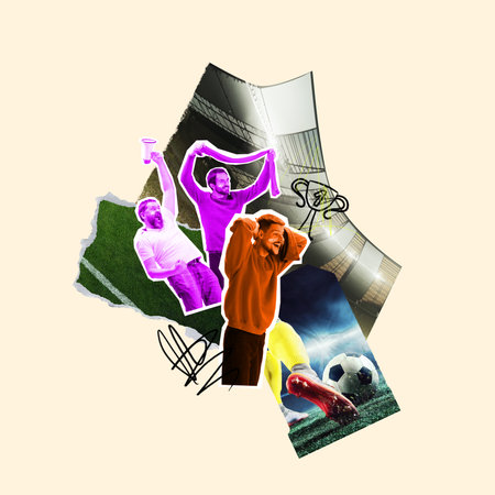 Three men cheering favorite soccer team, expressing excitement and dynamic emotions, stadium scene. Contemporary art collage.の写真素材