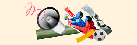 Group of people, fans cheering up favorite soccer team and drinking beer. Megaphone and abstract stadium. Contemporary art collage.の写真素材