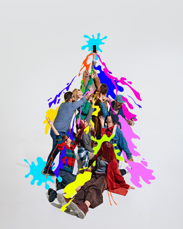Winter sales. People forming abstract pyramid with colorful splashes, reaching phone at the top,...