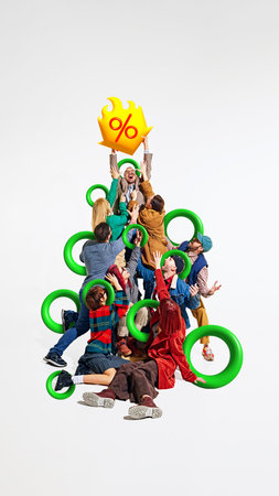 Man triumphantly holding up giant percentage symbol, as others below him reach up in awe,...