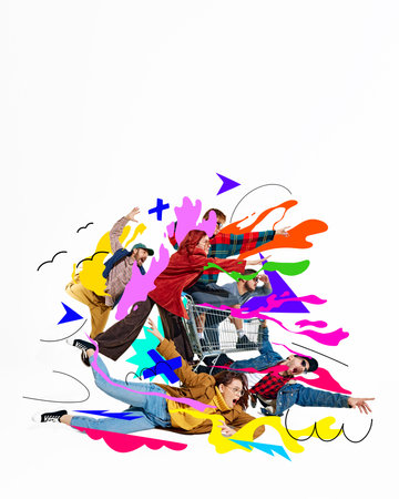 Group of people creating chaos while pushing forward with shopping cart around abstract colorful...