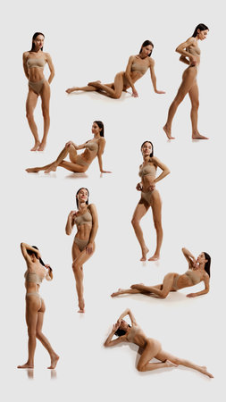 Vertical collage. Set of dynamic poses of young beautiful woman with slim body, posing in underwear. Balanced and healthy physique, active lifestyle.の写真素材