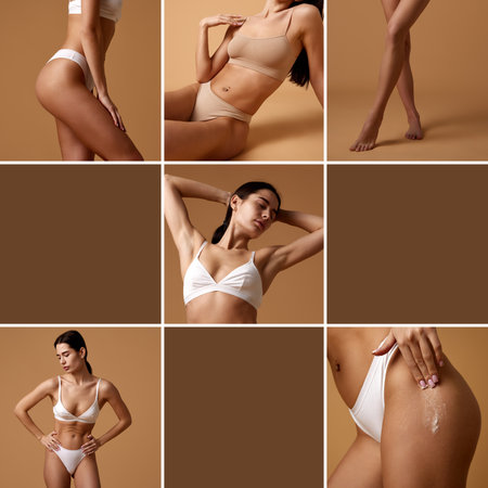 Collage. Natural skin tone and healthy body shape. Cropped image of various body parts, beautiful woman posing in underwearの写真素材