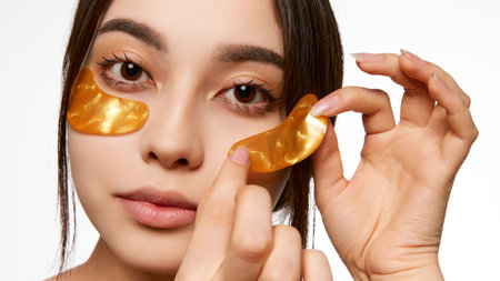 Korean woman applying golden under-eye patches, highlighting a skincare routine for reducing puffiness and brightening the under-eye areaの写真素材