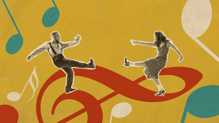 Couple engaged in playful dance routine, showcasing vintage-inspired moves. Contemporary art...