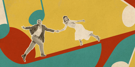Lively retro dance with vibrant backdrop. Stylish young man and woman dancing. Contemporary art collage.の写真素材