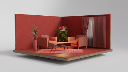 3D model of modern red living room interior with armchairs, table and plants