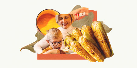 Grandmother and child enjoying Thanksgiving meal of pumpkin soup and corn. Contemporary art collage.