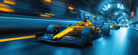 Yellow Formula 1 cars speeding fast the road in dimly lit tunnel with bright lights ahead.の素材