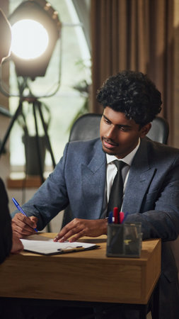 Focused businessman in formal suit signing official documents at his desk in modern office.