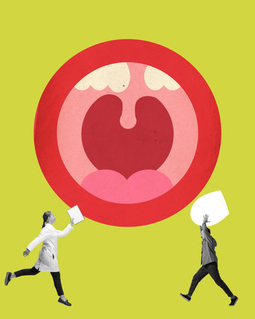 Contemporary art collage. Doctor running towards throat illustration, symbolizing treatment of throat infections and medical care for inflammation.の写真素材