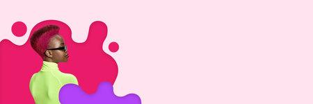 Profile view of young stylish woman with bright pink hair wearing sunglasses, set against vibrant...