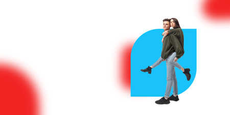 Stylish couple dressed in casual clothing standing against white background with abstract colorful...