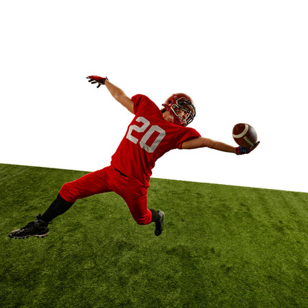 Dynamic image of determined athlete, American football player in motion on stadium, throwing ball...
