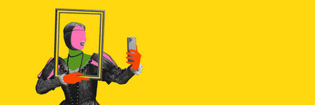 Royal woman, medieval princess taking selfie inside picture frame against bright yellow background....