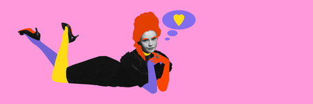 Daydreaming woman in vintage style with pop art heart lying with smile on pink background....