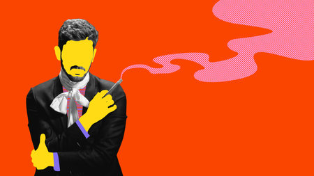 Abstract portrait of stylized gentleman smoking pipe in pop art colors on orange background....