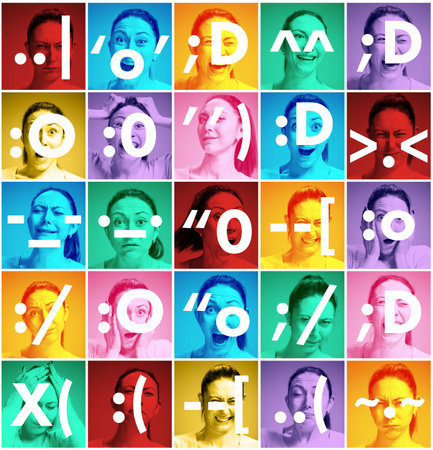 Creative colorful collage with close-up portraits of young woman expressing diversity of emotions...